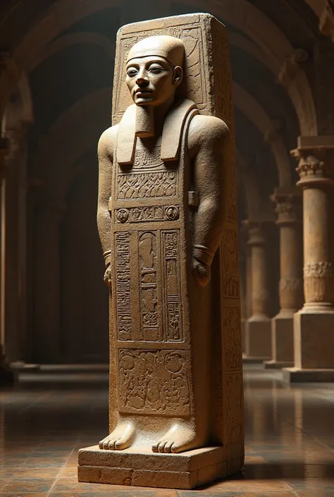 Block statue of Sennefer. A massive , statue in block form engraved in hieroglyphics, with fine facial features, depicting the vizier Sennefer. In the background, a shadowy museum hall 