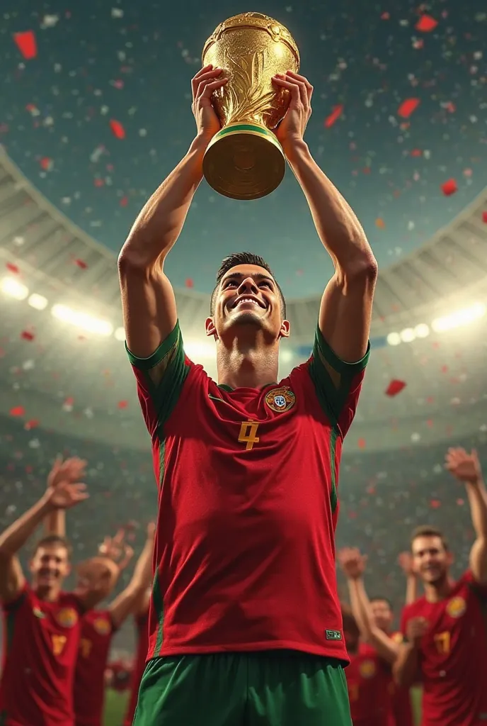 Ronaldo holds the World Cup in his Portugal jersey 