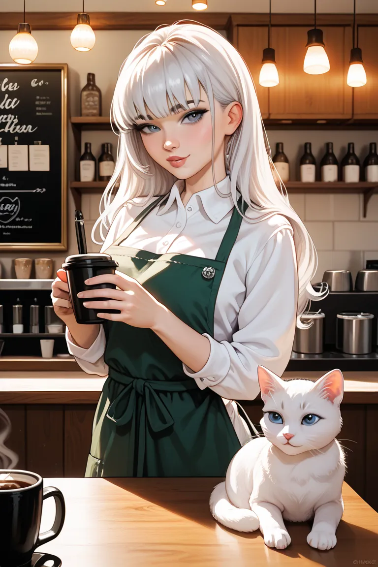 1 girl,  white hair,  has bangs,long hair,I'm holding a little white cat,apron,Girls are human and don't have cat ears,coffee shop