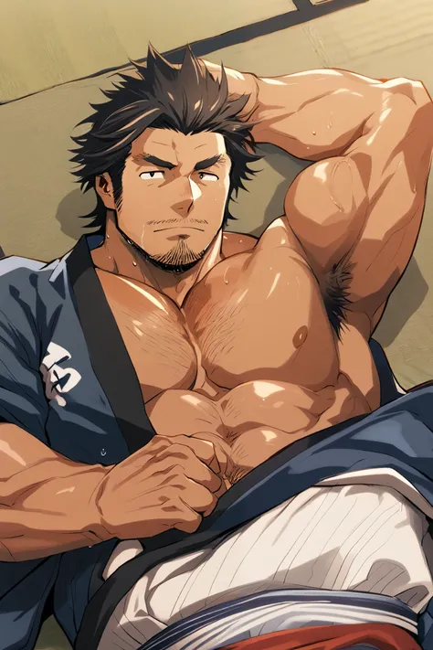 Yami Sukehiro, Japanese man，A little beard，Square-shaped eyes， thick eyebrows，black hair short all back，developed pectoral muscles and neck， kimono，sweaty, ，(see here:1.3)，I'm full of lying on tatami mats，Put one hand behind your head，Armpit hair， chest ha...