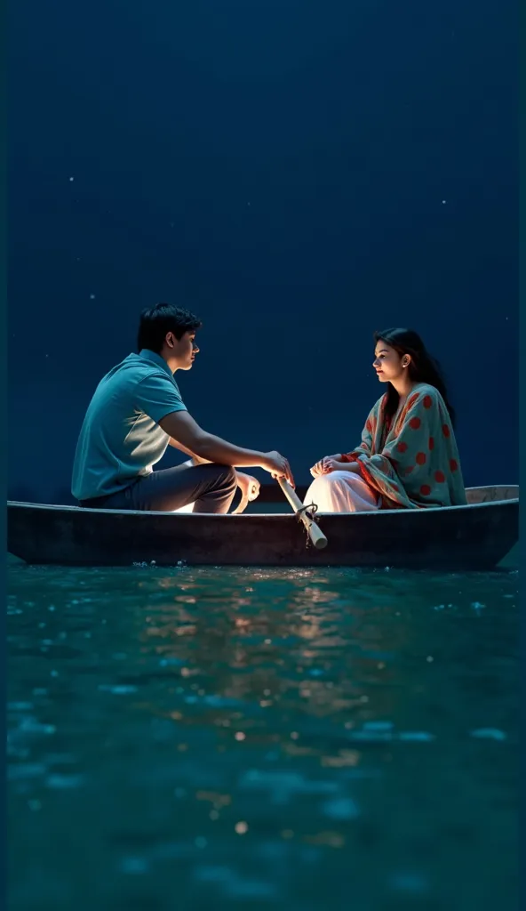 "An anime style mesmerizing and intimate night-time boat ride on a calm river, illuminated by the soft glow of a hidden light source. A young man and woman sit in a small wooden boat, their gazes locked in a deep, unspoken connection. The man, dressed in a...