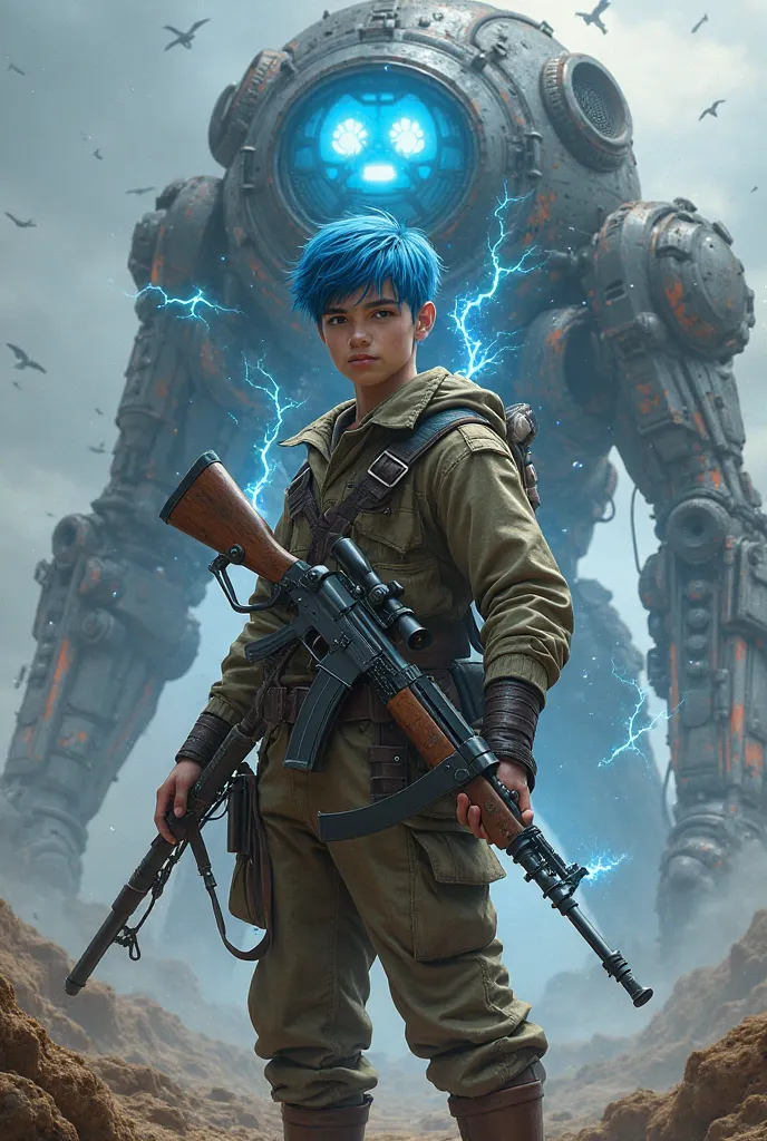 Fantasy engeneer,  human, young man, blue hair, armed with rifle,  electricity arround, batole fantasy construct behind him, ww1 uniform