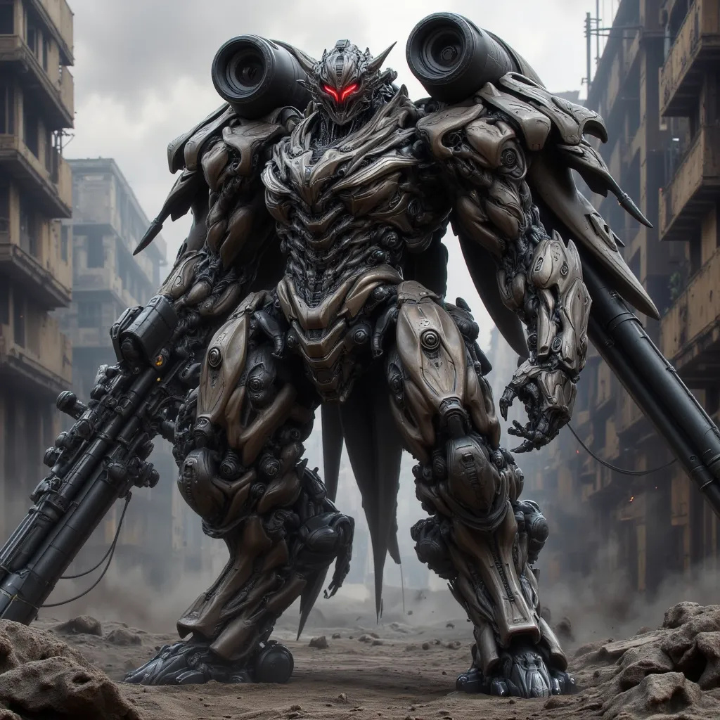 A massive combat mech with thick armor plating, glowing red eyes, and twin plasma cannons mounted on its shoulders. War-torn battlefield background.