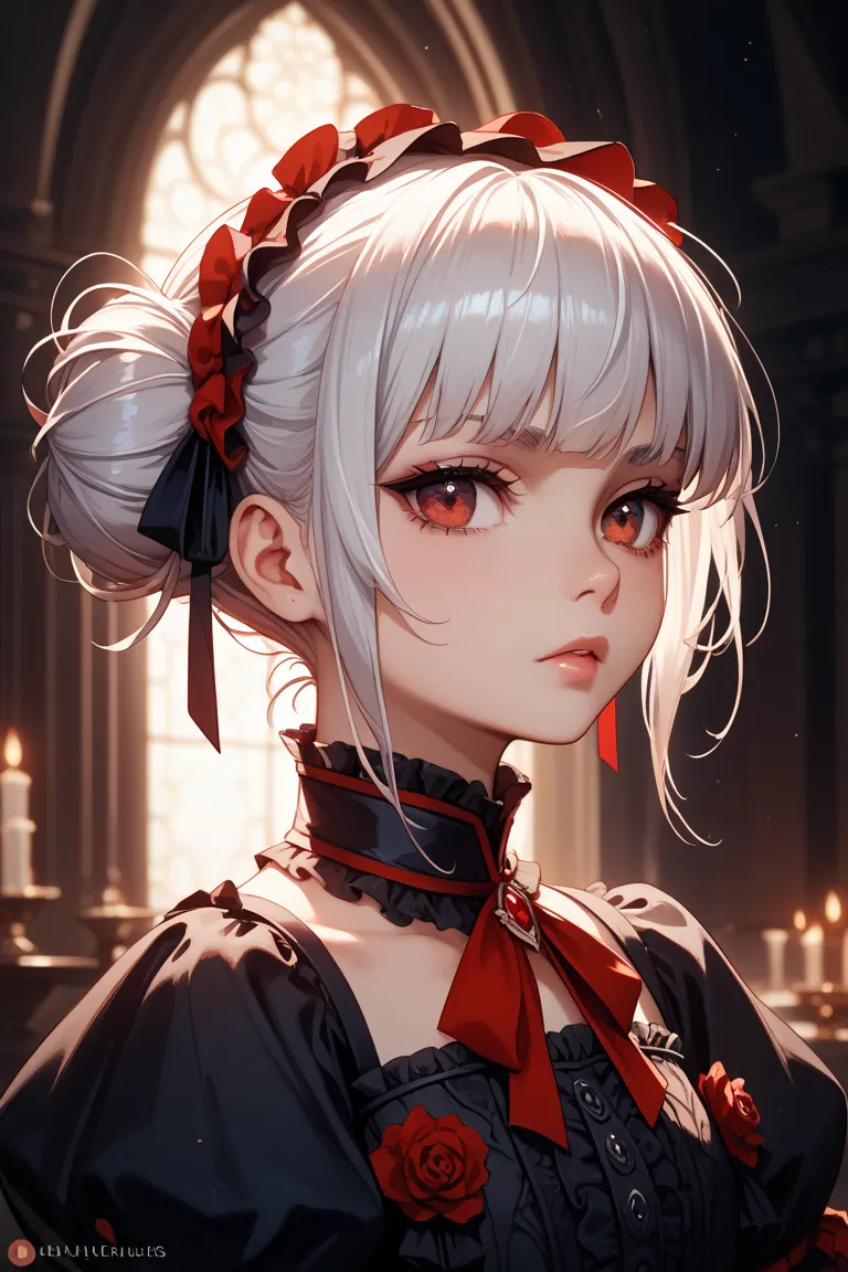 Puella Magi Gothic Lolita, White Hair, Red Eyes, Two Dumpling Hair