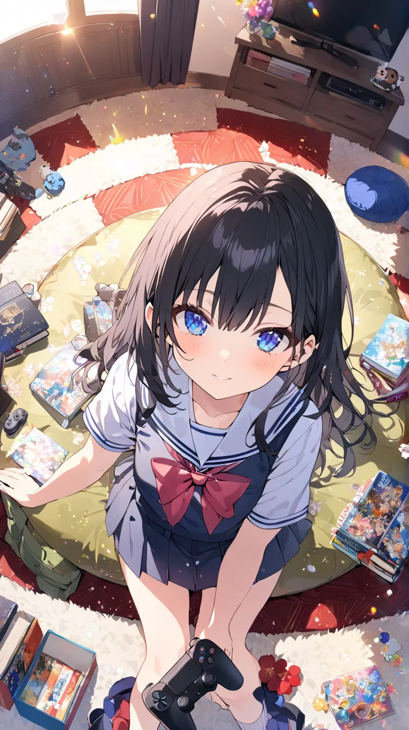 1 girl, room、tv set、tv setゲーム、 controller、Books棚、 table、 carpet、Japanese cushion、Books、flower、Blue Eyes,  black hair、 cushion、school uniforms、from above、Wide angleショット, Wide angle, Dutch Angle, glitter effect, blurred background, lens flare, 