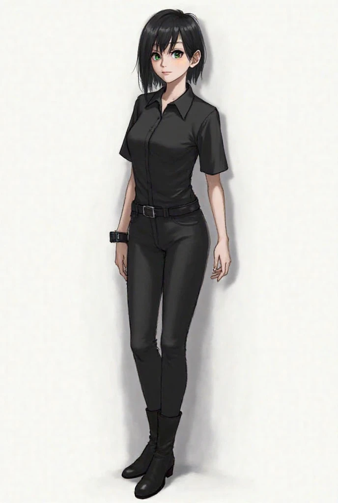 Gender: Female
Race: Human 
Age: 26 years old 
Height: 161cm / 5'3"
Appearance: Black short hair, cut above chin. Pale skin, Dark green eyes with an orange tint, Slender body shape, with a large bust, narrow shoulders and hips, a small waist and straight b...