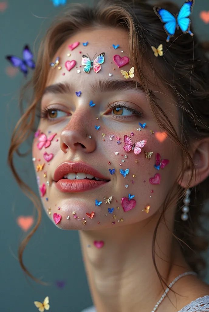 a woman's face with butterflies and hearts in the shape of an eight, a picture by Elaine Hamilton, pixabay, digital art, woman love woman, beautiful women, woamn is curved, lovely woman, very very beautiful woman, a beautiful woman, very beautiful woman, s...