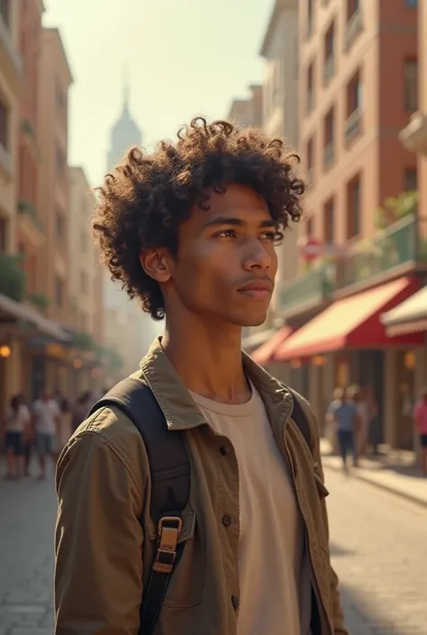 Standing on a beautiful street in a philosophical place in Dubai, a young man with a beautiful face, , no beard, beautiful curly hair, a smile on his face, a philosophy stands.