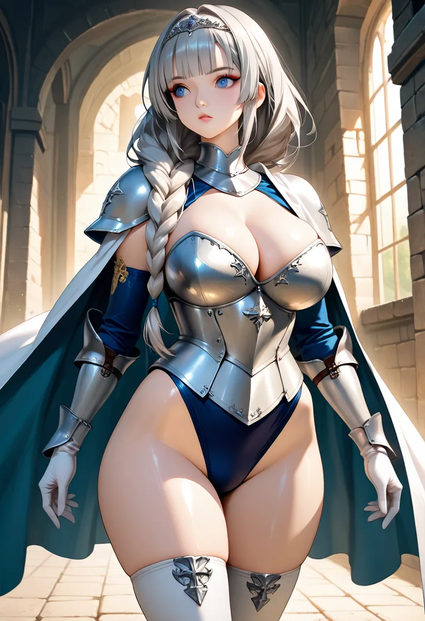 solo,1girl,((Masochistic)),((medieval fantasy)),((Princess Armored Dress)),((Beautiful blue eyes)),((perfect face)),castle town,((anime style)),((game cg)),((anime colored)),gleaming skin,tight size bustier leotard,(Glamorous curvy body),(Short cape),(brea...