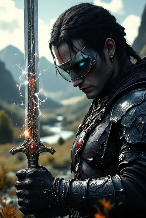 dnddarkestfantasy, Handsome Guy in Plate Armor with a silver visor, Black and red metal engraving, armbands, Beautiful hair braided in an unusual hairstyle, Red-blue eye color, neck scar , in his hand One and a Half Sword with a beautiful Lightning Sparkle...