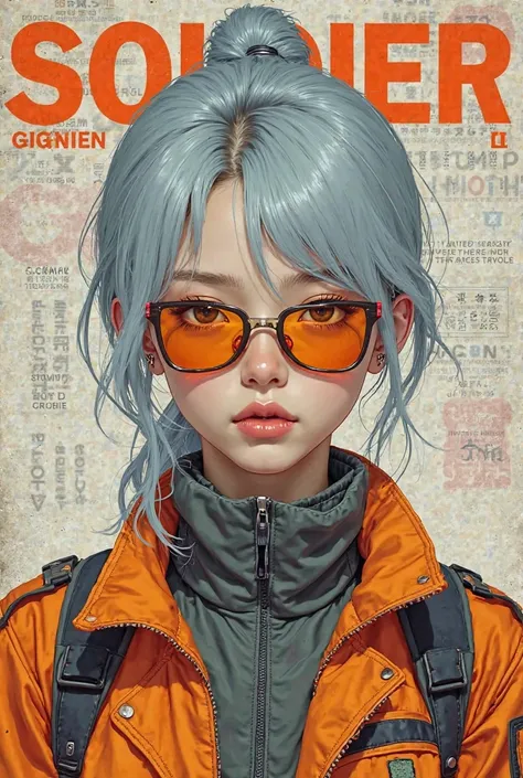 Soldier11 by zenlesszone real hyperrealistic woman Hyperrealism as the protagonist of the cover and with background texts as if it were a real magazine.  outfit.  hyperrealism. live action magazine. big breasts. Pale blue hair. Short hair with a ponytail a...