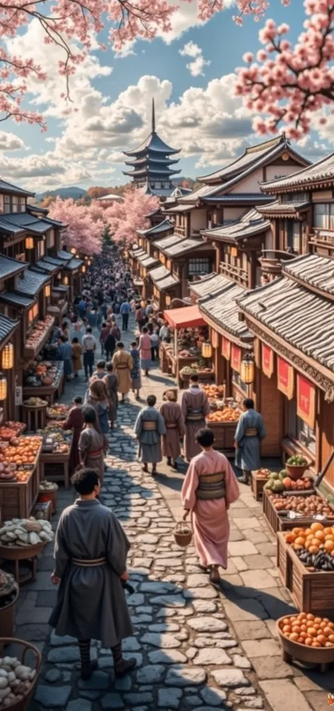 A bustling market street in feudal Japan, filled with merchants and villagers traditional kimonos. The wooden stores, illuminated by paper lanterns, display products such as fruits, dried fish and handmade fabrics. Samurai walk down the street, their visib...