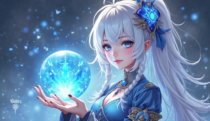 anime girl with white hair and blue eyes, holding a crystal ball , Young G concept art ,  pixiv , fantasy art,  beautiful heavenly sorceress, The detailed image of the Onmyoji , Epic Magician Girl Character, Ke Qing from Genshin Impact, Аяка Genshin Impact...