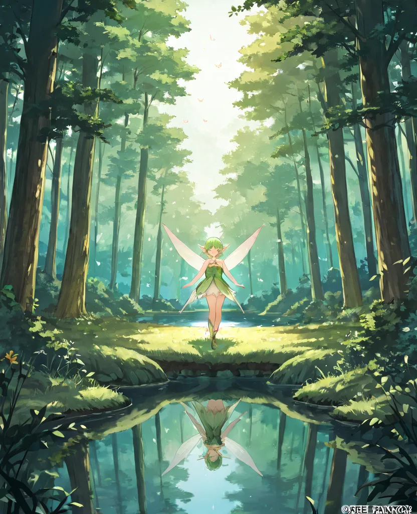 lake，nature，forest，Isekai Fantasy，Fairy，Flying happily，free，，Pixie， sacred，Peaceful Atmosphere， Fantastic，