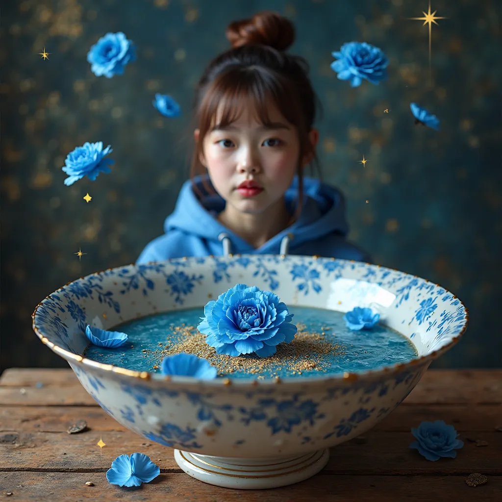 Realistic Photo of cosmic soup with elegant porcelain bowls placed on a rustic wooden table. The bowl has an intricate leaf pattern and soft blue carnation petals and a beautiful Russian woman with fair skin, a perfectly groomed face, her hair pulled up in...