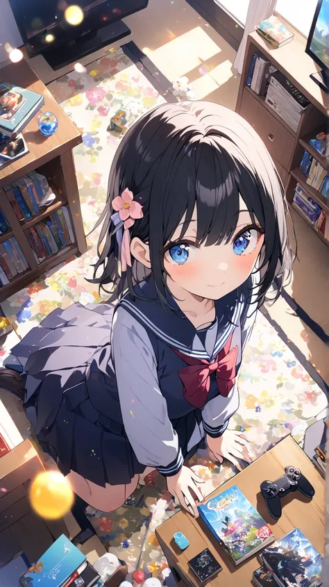 1 girl, room、tv set、tv setゲーム、 controller、Books棚、 table、 carpet、Japanese cushion、Books、flower、Blue Eyes,  black hair、 cushion、school uniforms、from above、Wide angleショット, Wide angle, Dutch Angle, glitter effect, blurred background, lens flare, 