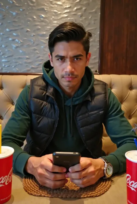 In the image, a young man with short black hair and well-defined facial features is sitting at a table in a restaurant or café. He has a calm yet focused expression as he looks straight at the camera while holding a black smartphone in both hands. His eyeb...