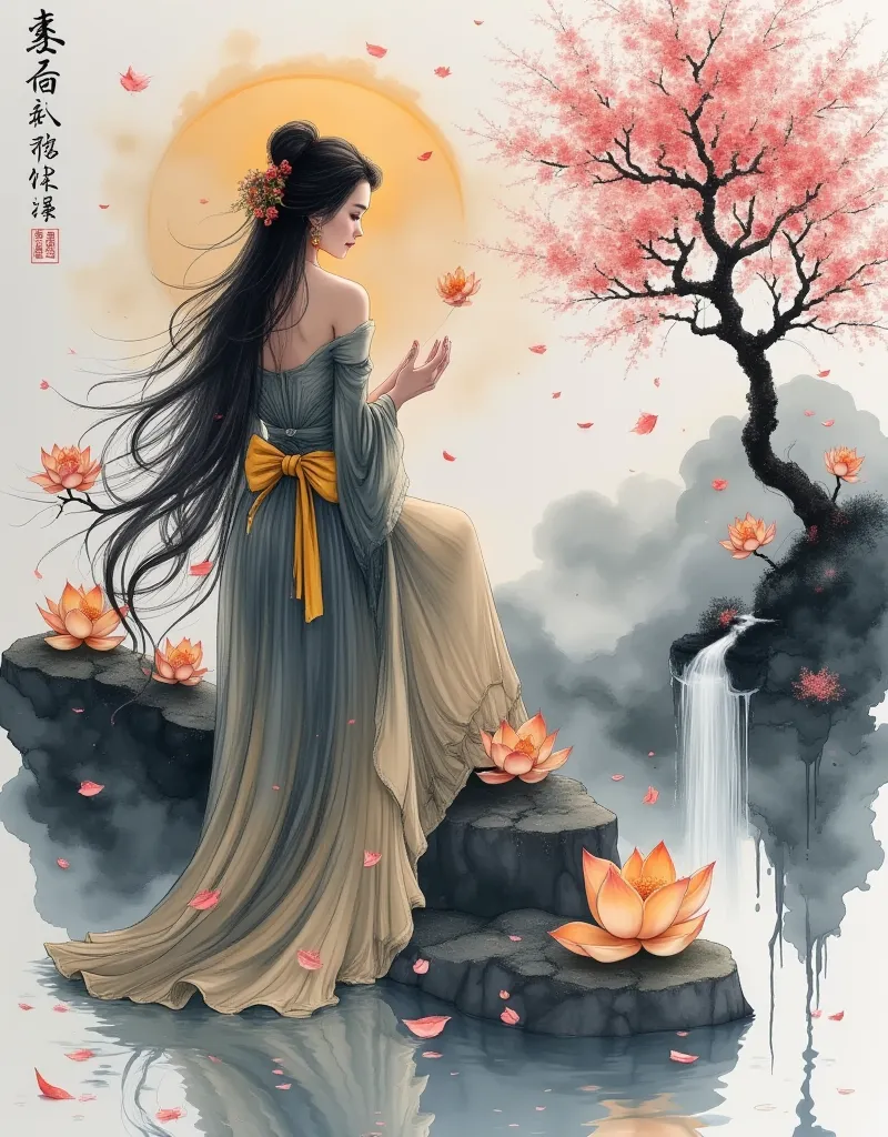  traditional Chinese ink painting , ,Black and white ink painting ,
(  Masterpiece ,better quality),  vivid illustration , long hair,fallen leaves,hips, MYSTERY,sky, clouds ,Beautiful girl, lotus position ,Clap your hands for 10 gifts,light in the eyes,Han...