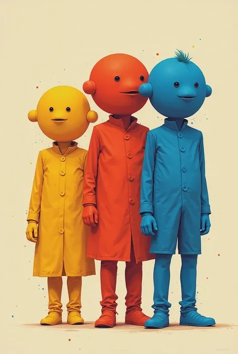 3 characters in yellow red and blue