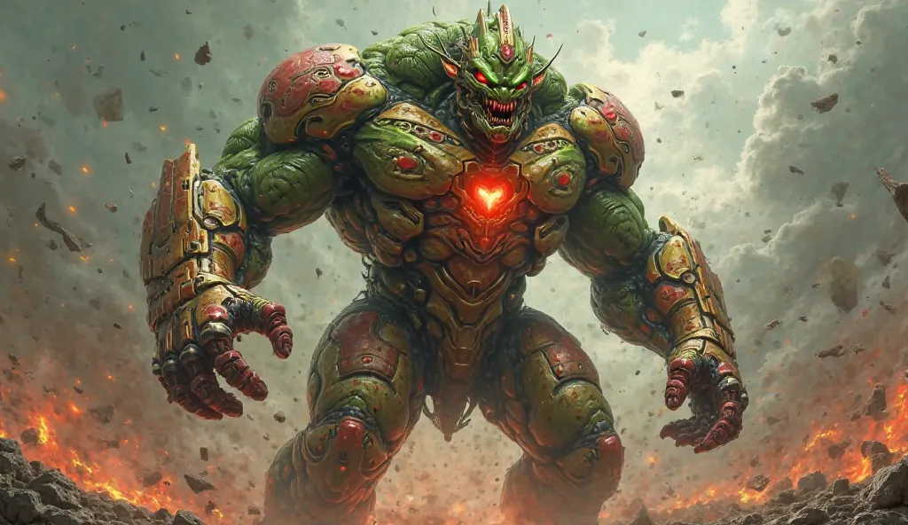 Create a high-quality 4K digital painting of a monstrous hybrid warrior that merges advanced technology with raw, monstrous strength. The figure has a massive, muscular green body infused with glowing red and gold mechanical armor plating, seamlessly fused...