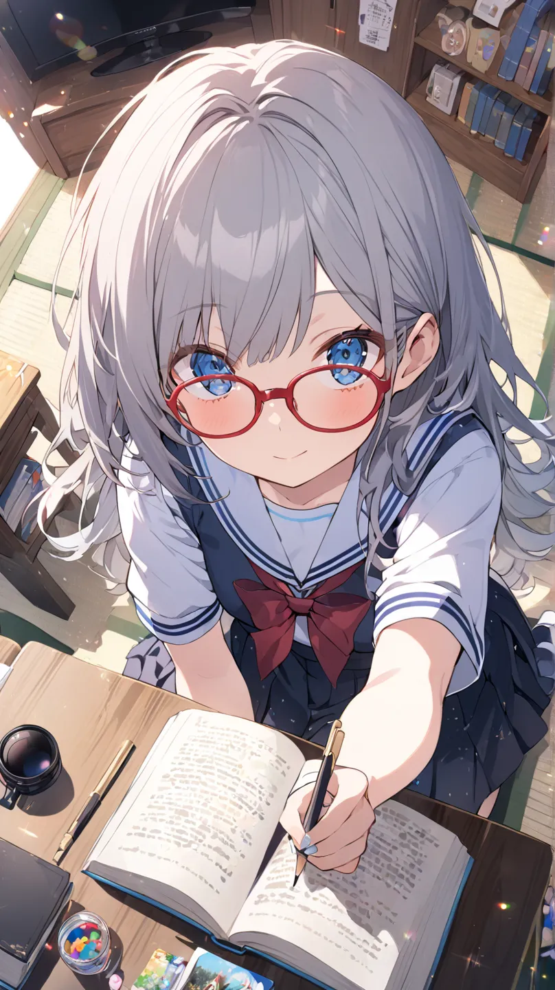 1 girl, room、tv set、Books棚、 table、 studying、tatami、Japanese cushion、Books、flower、Blue Eyes, Grey Hair、 red rimmed glasses、sit、 flared skirt seen from below、school uniforms、from above、Wide angleショット, Wide angle, Dutch Angle, glitter effect, blurred backgrou...