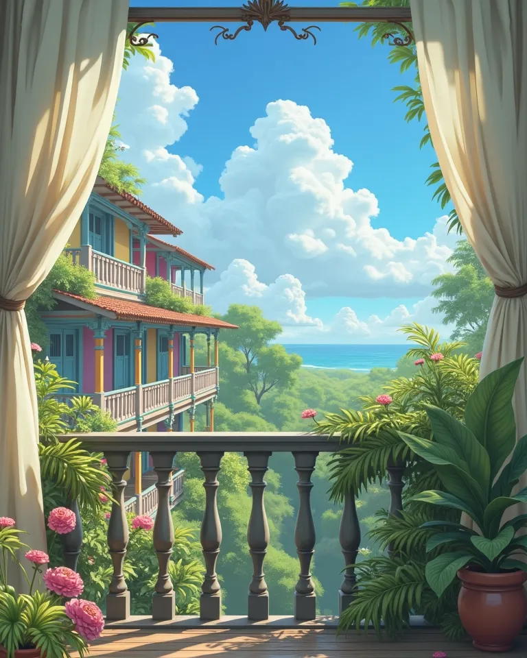 Balcony of a flowery Brazilian house, with light curtains flowing in the morning, a blue sky with fluffy white clouds. Viewing angle as if on a balcony in the front house.