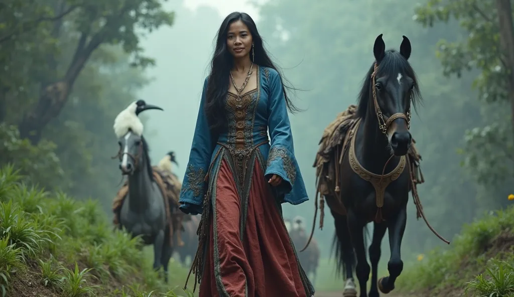 cinematic style

"Princess Among" (A Malaysian woman with long black hair is wearing a long tribal-looking dress that is blue on top, has a long-sleeved dress, and a red dress on the bottom), fearless and focused, with her black horse, Tula, and white and ...