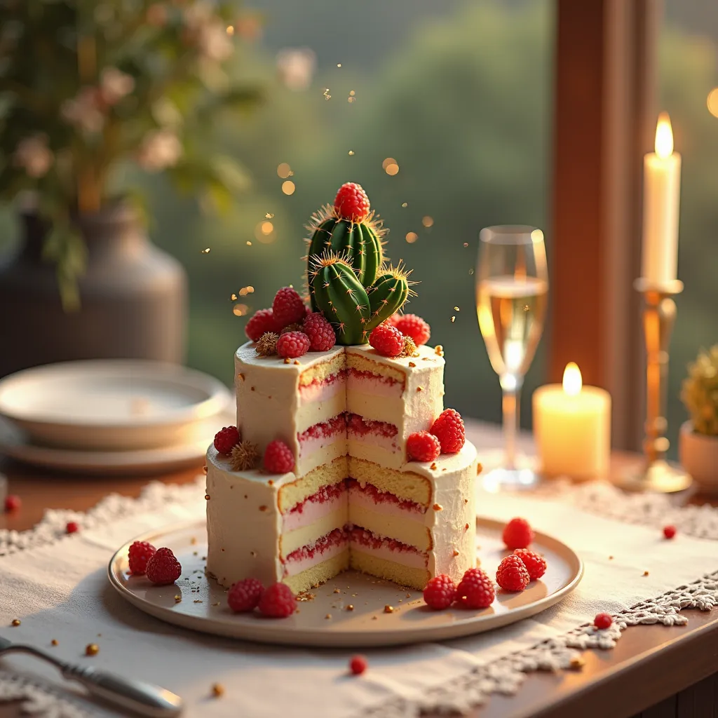 Cactus cake, 3 floors, red berries on top, a slice missing, white tablecloth, champagne glass, best quality, 8K,  ultra fine details , ilustration de estudio,  bright colors, bokeh, landscape, natural light, wooden table, candle lights,  digital art, conce...