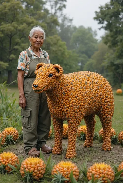 "Create an image of an elderly rural woman standing near a round Pin eapple Garden . crafting a sheep sculpture using PineappleHere's the image of a sheep that appears to be naturally made of real pineapples, set in a circular pineapple garden. Let me know...