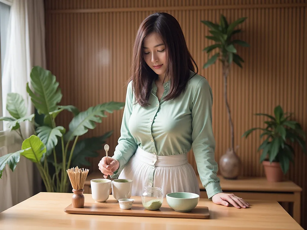 Photo of a cute Thai woman with straight dark brown long bob hair. She has big breasts and is not wearing a bra. She is standing behind a wooden table. She is making tea. On the wooden table is a matcha tea set consisting of a chasen hoder tea brush stand,...