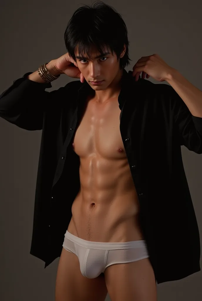  Handsome Brazilian man , Tall and slightly muscular,  detailed light blue eyes , thick thighs and defined muscles,  straight black hair slightly messy with locks falling on his forehead , wearing white cotton underwear and an open black dress shirt, He ha...