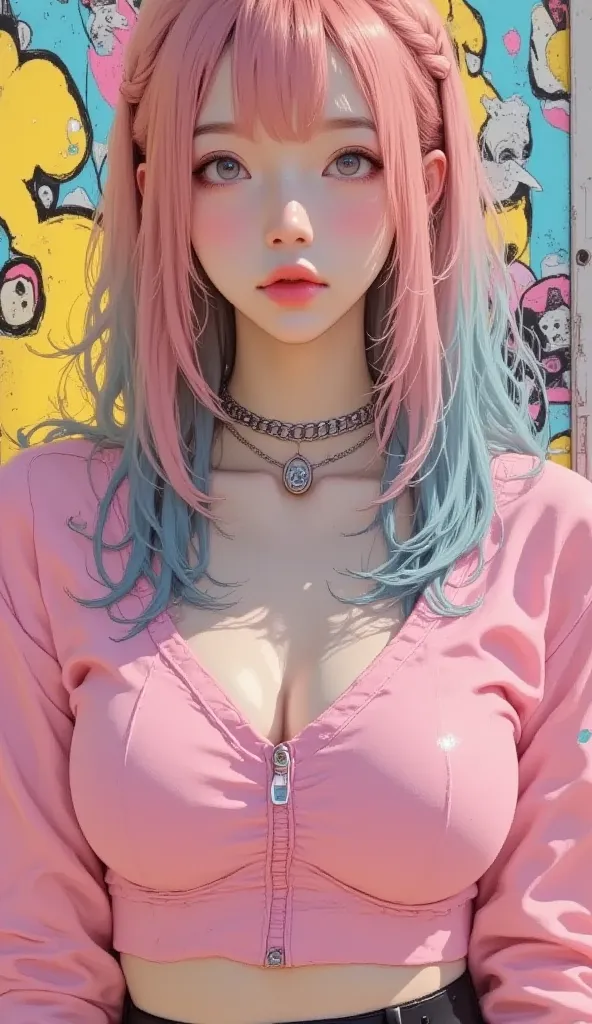 8k, masterpiece, Top Quality, Beautiful High School Girls by Yoshitomo Nara ,  vibrant, colorful hair dye , pink and blue hair with a beige edge mule , bright pink hoodie  , Graffiti Background,  urban street art  ,  yellow abstract design  ,  turquoise wa...