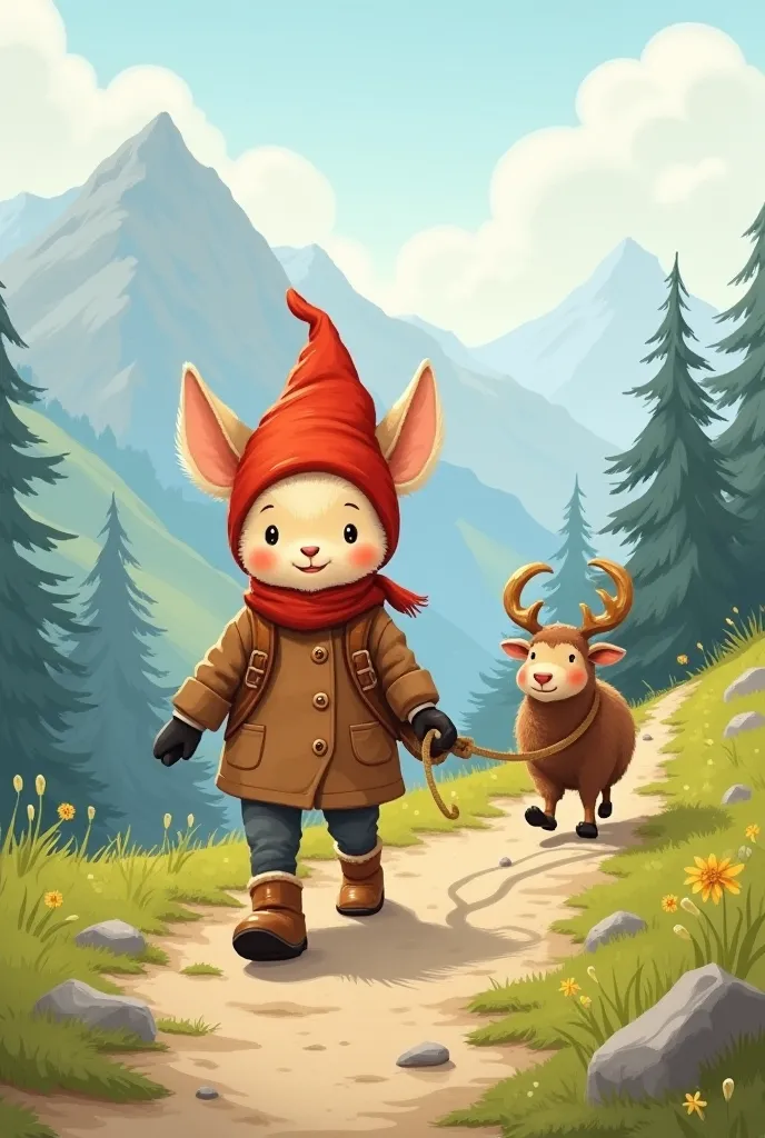 un lutin avec un bonnet rouge et de peties oreilles marche devant un mouton qu'il tire  avec une corde sur un chemin de montagne.  le mouton est loin derrière le lutin.  couleurs douces. illustration pour enfant