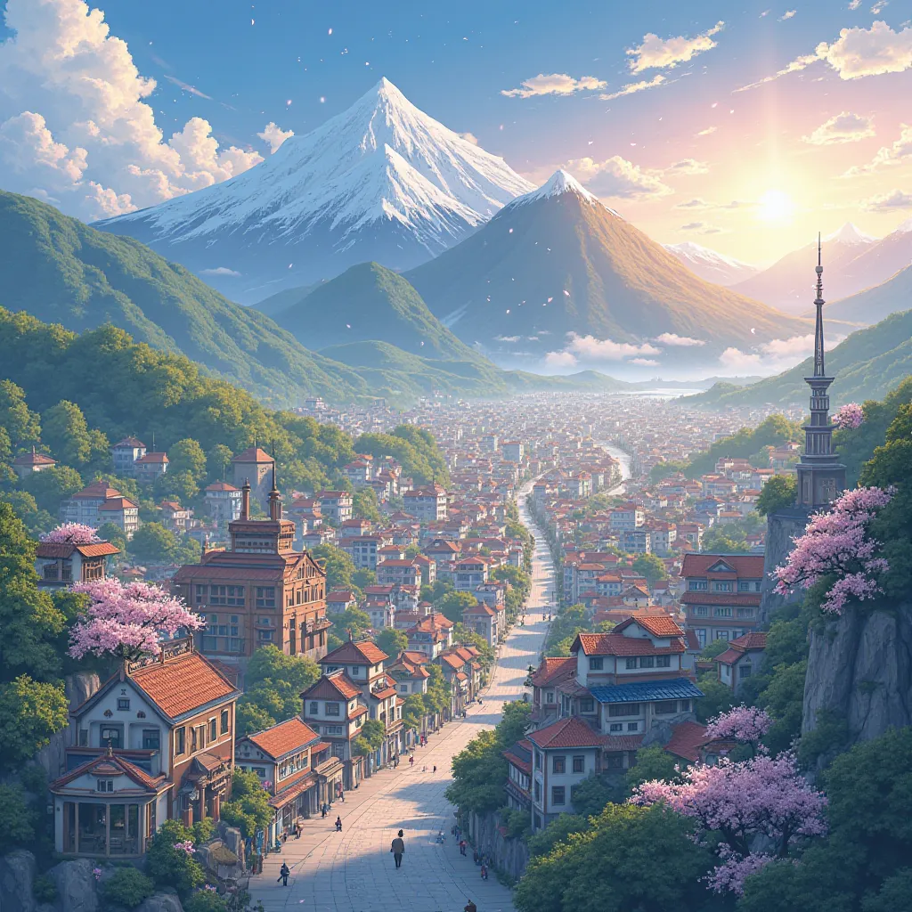 Small city in the interior, panoramic view, anime