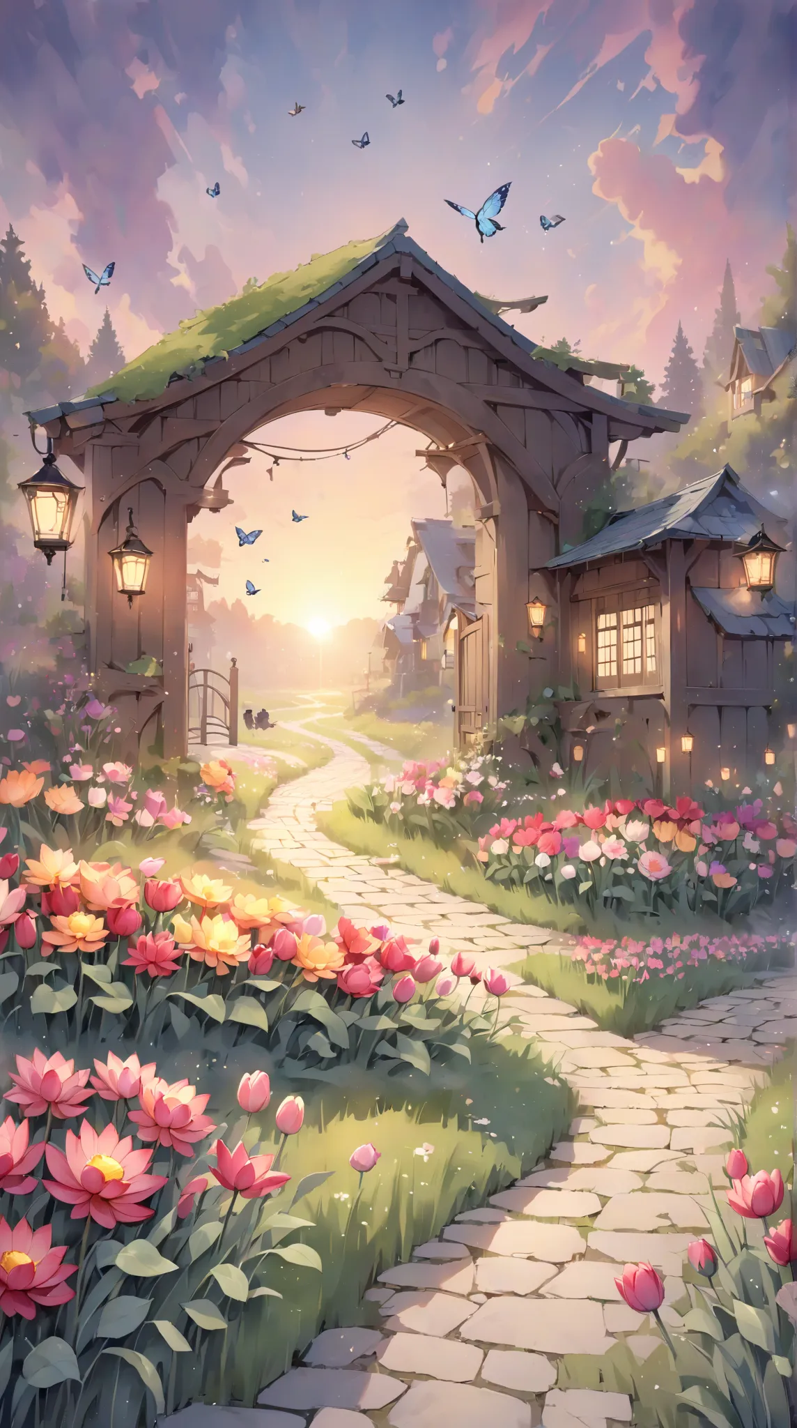 "A long cobblestone path lined with blooming double tulips and dahlias, gently swaying in the breeze. Soft, glowing lanterns and weathered wooden arches light up the path, creating a nostalgic and romantic atmosphere. In the distance, the path leads to a m...