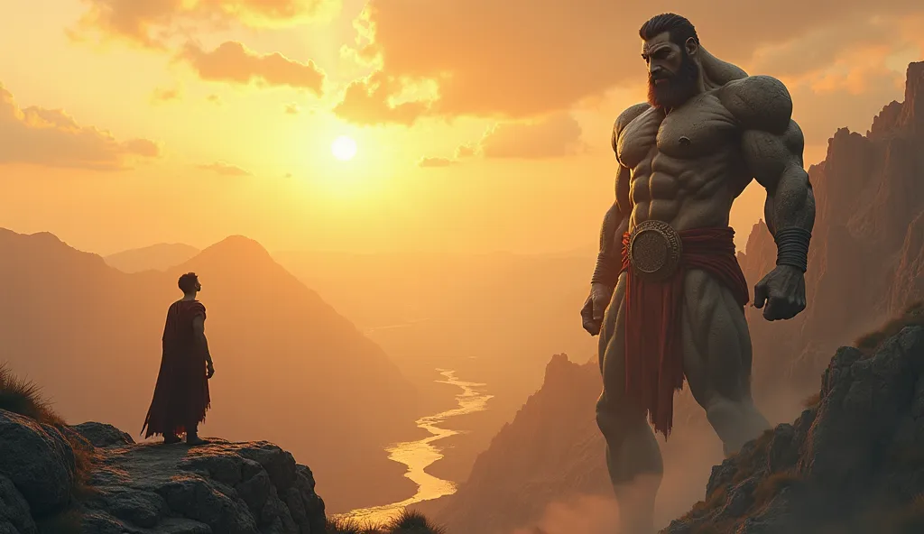 Atlas standing majestically on a rocky outcrop, looking down at Ethan who stands below, awed and silent. The golden light of sunset highlights the wild beauty of the scene. Epic, emotional, 16K photorealism.