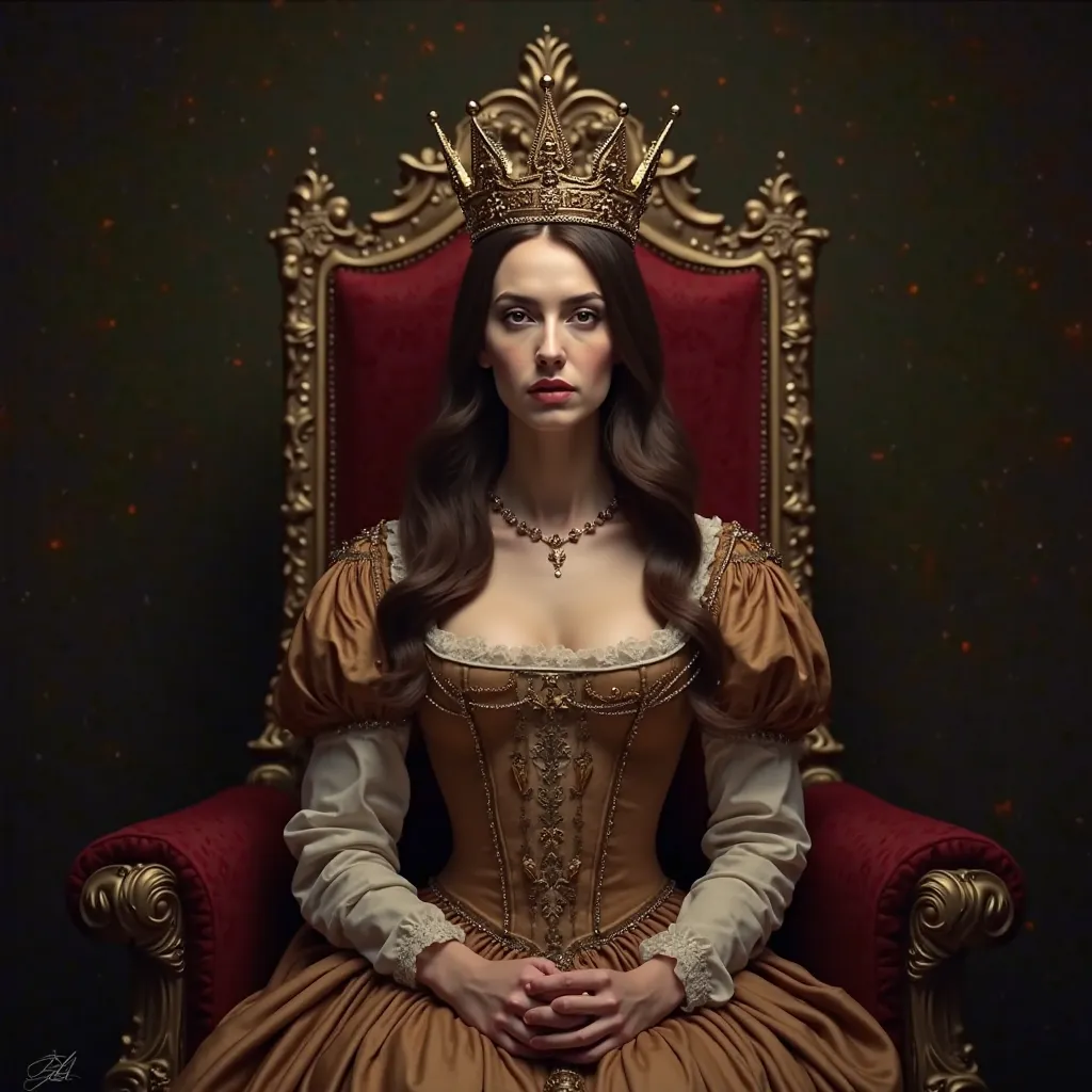 Simple background and dark colors 
Brunette woman, queen, sitting, postura de queen,  facial expression,  intimidating .
English royal-style throne, with gold details.
 Art Style , Renaissance focused on the face or bust.
She must be wearing a crown and we...