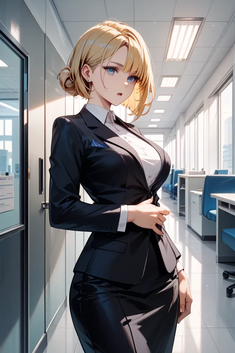 (masterpiece, best quality, ultra-detailed, 8K resolution: 1.2), Woman,office corridor, voluptuous,(black business suit:1.2),tube top, expressionless,blue eyes,side parted hairstyle,blonde hair,asymmetrical bob hair,open mouth, standing