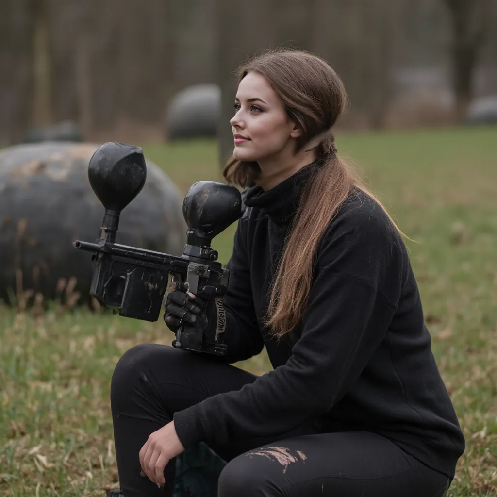 woman, Alone, long light brown hair, natural face color, brown eyes, smile, During paintball, wears a black sweater, Does wart wear skin-tight leggings, Does a paintball mask have on the head, has a paintball gun in his hand, Has two patches of grass, Has ...