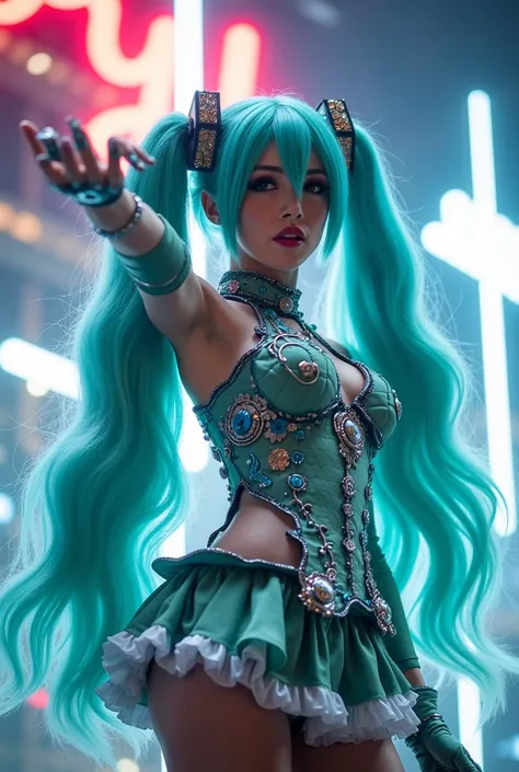 "Create a hyper-realistic image of a cosplay of Hatsune Miku. The cosplay should feature a high-quality, detailed costume, including her iconic turquoise wig, futuristic outfit, and accessories like the headset. The pose should be dynamic, with Miku standi...