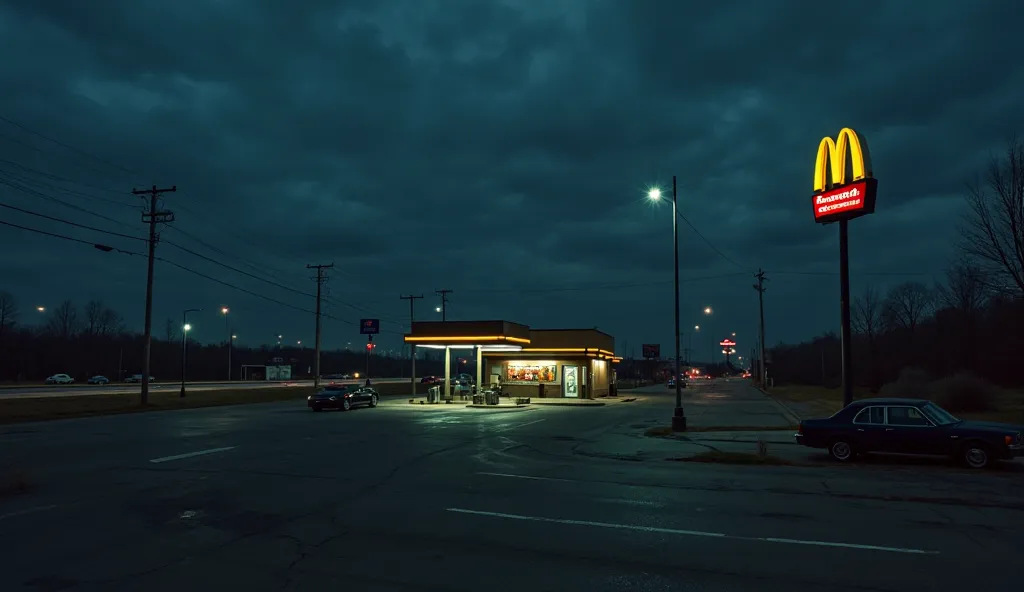 "A dark, isolated service area along an empty highway in the early morning, with only the headlights of a car illuminating the surroundings. The McDonald's sign is the only light in the area, and the parking lot is mostly empty, with one old dark sedan par...