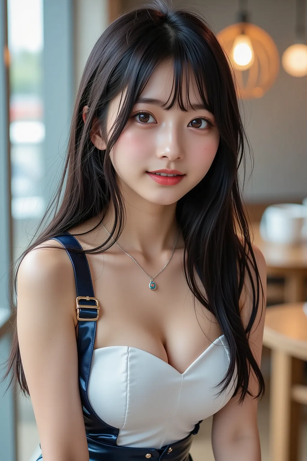 18-year-old Korean idol girl, wearing a glossy maid outfit, posing solo, black hair flowing naturally with bangs, soft smile with full lips and a mole on her cheek, lifting one leg elegantly with spread thighs, thick hips and big chest emphasized, cowboy s...