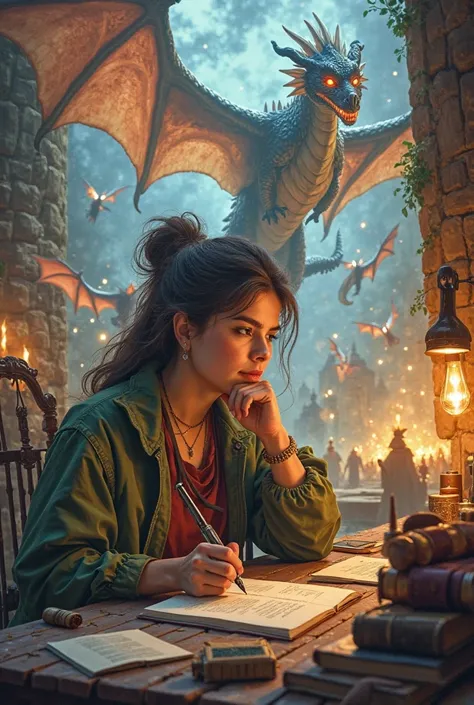 In the foreground is a writer, who is sitting at a table writing a book, and dragons, witches, wizards are fighting with the gift of fire, are flying behind her back who are the heroes of her books