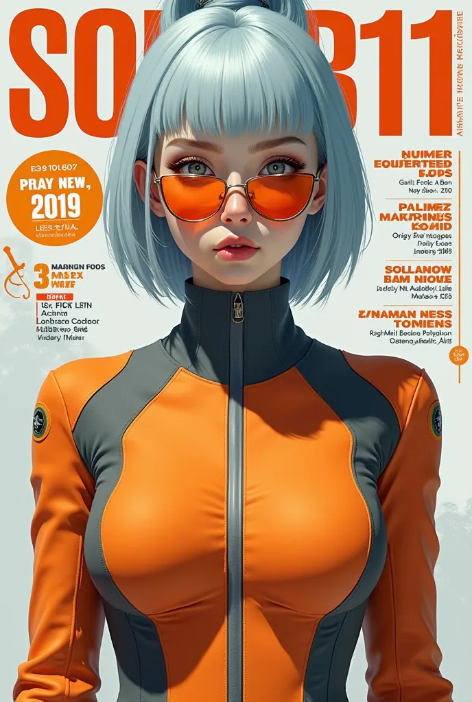 Soldier11 by zenlesszone real hyperrealistic woman Hyperrealism as the protagonist of the cover and with background texts as if it were a real magazine.  outfit.  hyperrealism. live action magazine. big breasts. Pale blue hair. Short hair with a ponytail a...