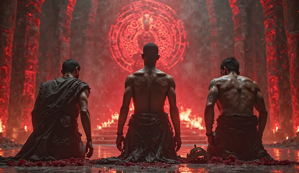 "A wide cinematic shot reveals three defeated kings kneeling in heavy, rune-etched chains before Kali’s throne. Their royal garments, now tattered and stained with blood, hang loosely over their frail forms, barely concealing their bruised and battered ski...