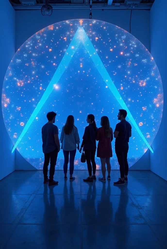 group photo from the event in a blue room for the presentation of the event: "synchronicity: Together to the peakBasic colors: blue (Trust), orange (energy), white ( harmony ).
decorations:
 geometric shapes,  symbolizing unity .
Interactive light installa...