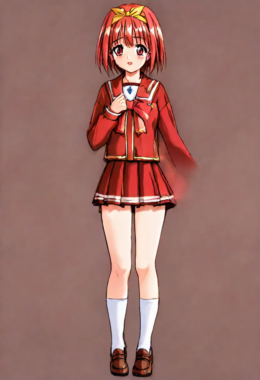 トップクオリティ, 1人の女の子, kamigishi akari, red eyes, red hair, short hair,  hairband, yellow hairband, hair bow, yellow bow BREAK school uniform, serafuku, sailor collar, bow, bowtie, hair ribbon, red bow, long sleeves, skirt, pleated skirt, miniskirt, red skirt, ...