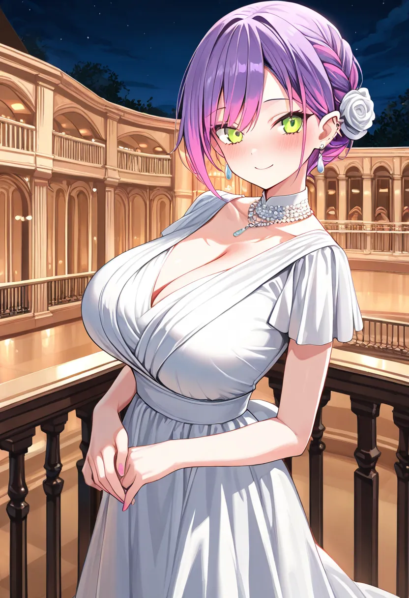 (Best Quality , 8k , masterpiece , incredibly absurdres , perfect body , super detailed skin , highly detailed eyes and face , 1 woman ) , tokoyami towa , purple Hair , Green eyes , smile ,  will be happy , (  elegant attire , earrings , ballroom , outdoor...