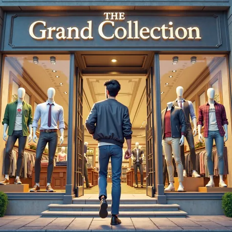 Transform the video into a vibrant 3D animated Disney Pixar-style adventure. Show a lively, bustling Madanpura with colorful streets and cheerful characters. Highlight the Grand Collection Men's Wear shop with a friendly animated character entering, explor...