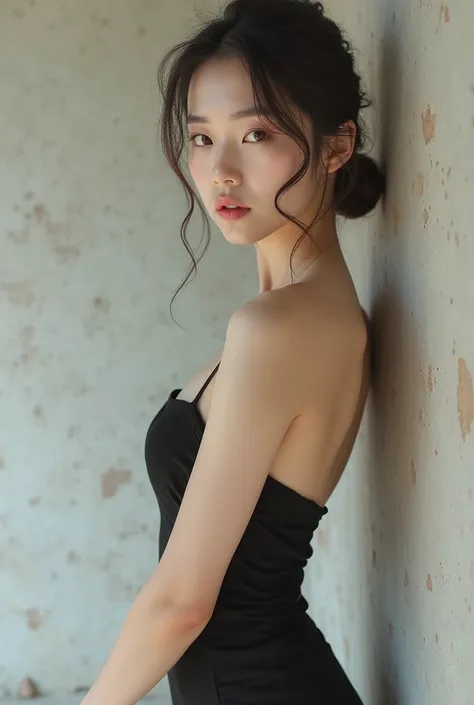 Beautiful standard Korean face girl in sexy dress is standing 